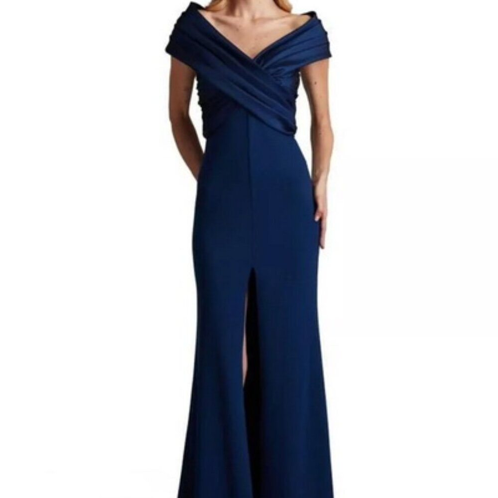 Tadashi Shoji Navy Blue Portrait Neck Taffeta Gown